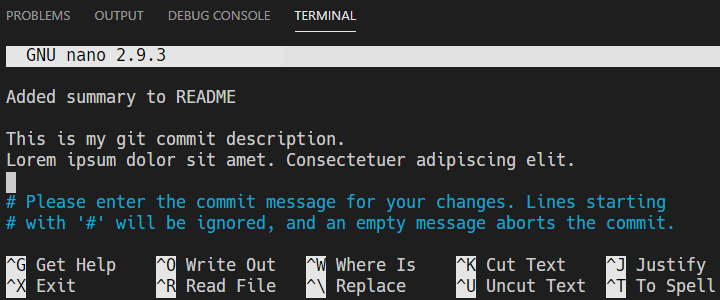 Git commit message and description on GNU nano